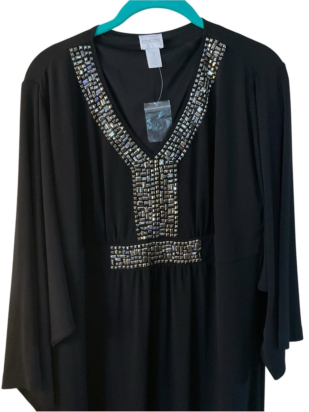 Chico’s Black Embellished Caftan Maxi Dress Beaded V-Neck Evening Gown Size 2 - Picture 2 of 7